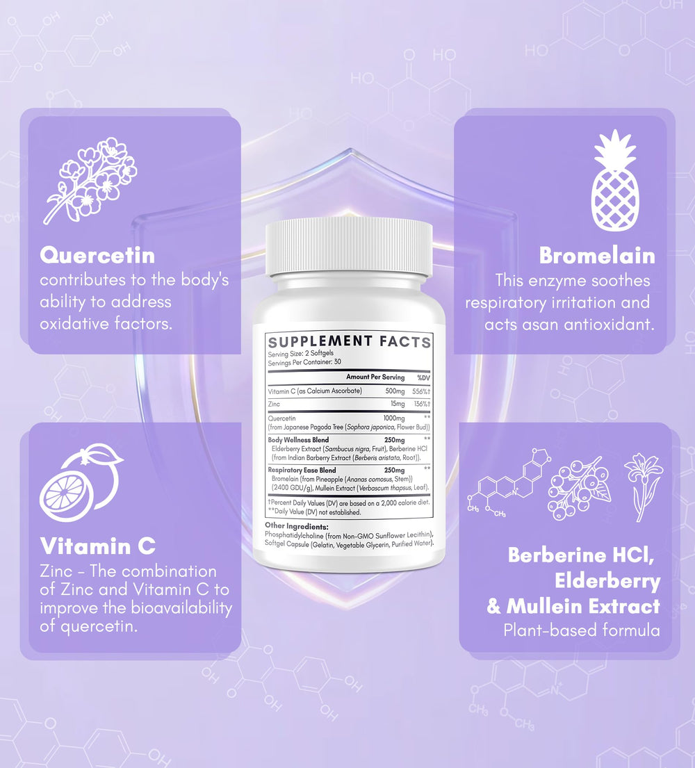 Clarusph Quercetin daily-use presentation showing two-softgel serving.