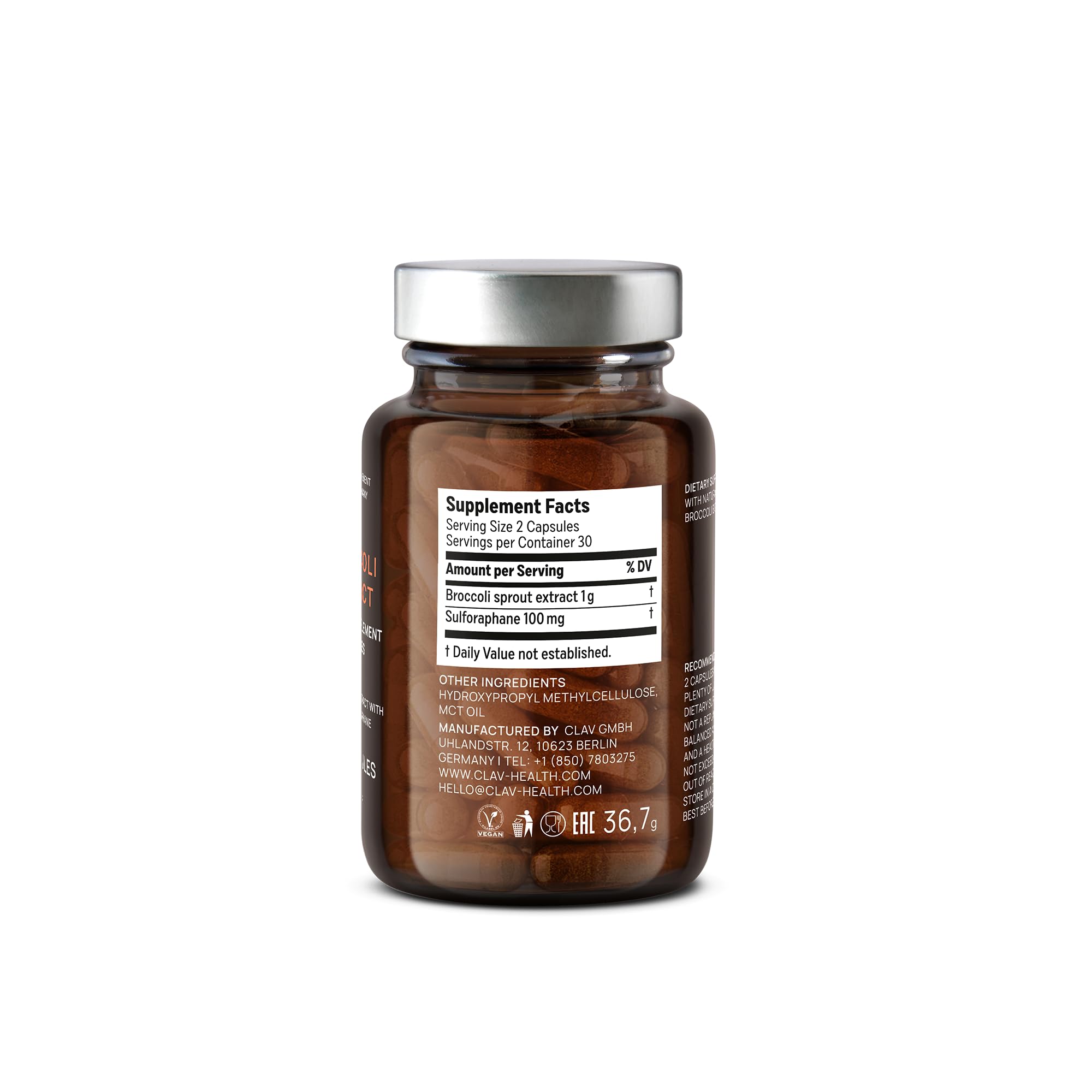 CLAV bottle with 60 capsules label and German origin emphasis.