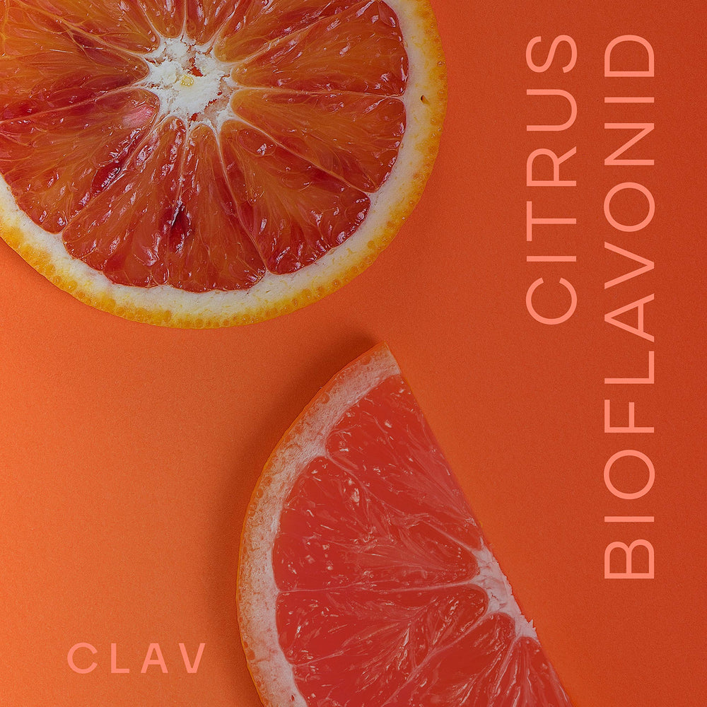 CLAV bottle side shows vegan formula and allergen-free profile for daily use.