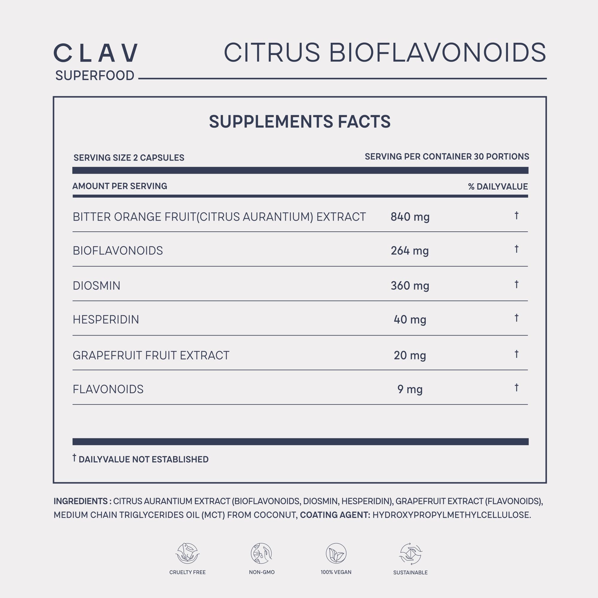 CLAV packaging art emphasizes bioflavonoids from citrus sources.