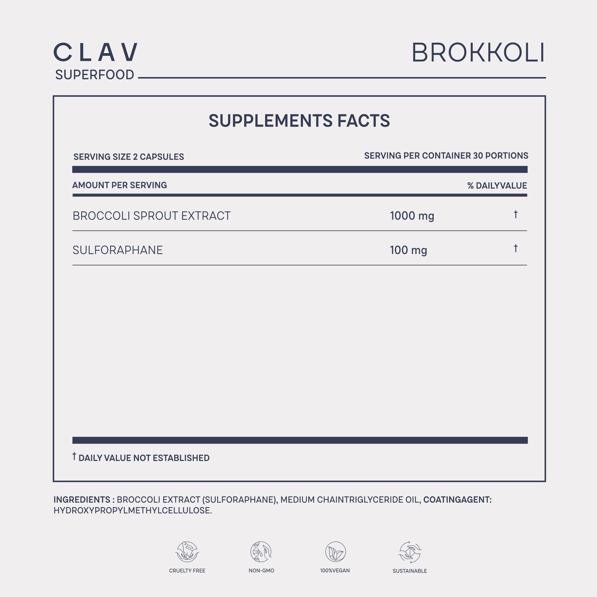 CLAV broccoli sprouts nutrient capsule close-up showing 1000mg extract per dose.