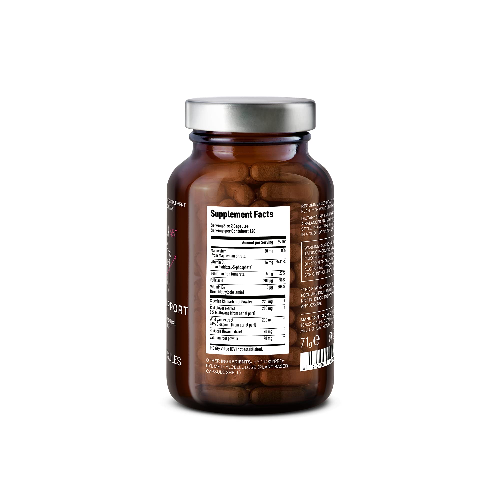 CLAV Meno Balance amber glass bottle, highlighting recyclable packaging.