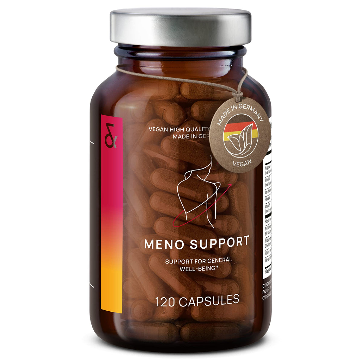 CLAV Meno Balance bottle front view, showcasing compact packaging for menopause balance support.