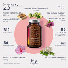 CLAV Meno Balance capsule bottle with wild yam imagery, visualizing plant-based support.