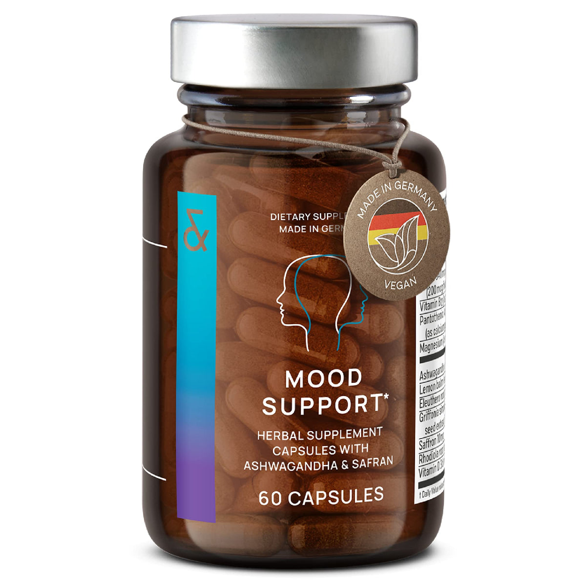 CLAV Mood Support bottle on countertop promoting daily calm and balance.