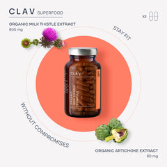 CLAV silymarin-rich formulation label showcases organic EU-certified ingredients