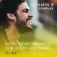 Close-up of CLAV B Complex capsules ready for daily energy support.