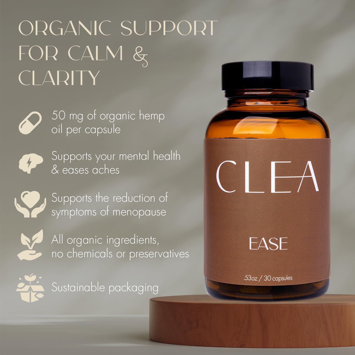 CLEA Midlife Ease bottle label closeup highlighting 50 mg hemp oil.