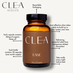 CLEA Midlife Ease bottle on table ready for nightly routine.