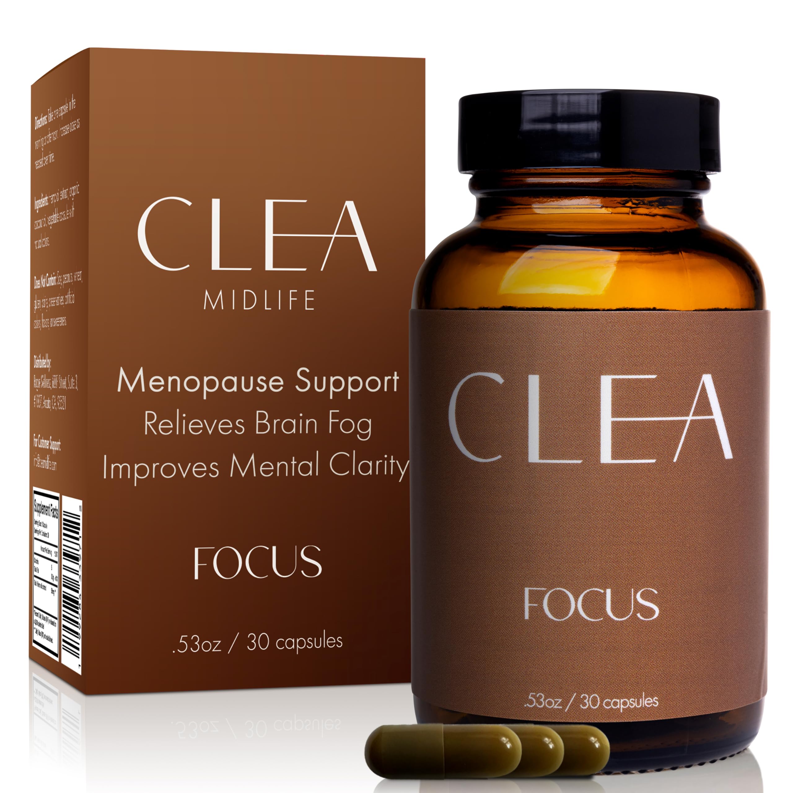 CLEA Midlife Focus bottle front highlighting a menopause brain fog support formula