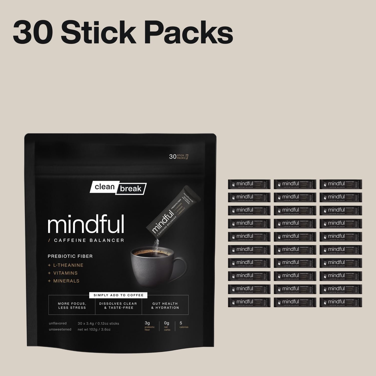 Clean Break Mindful hydration blend emphasizes electrolyte balance for daily use.