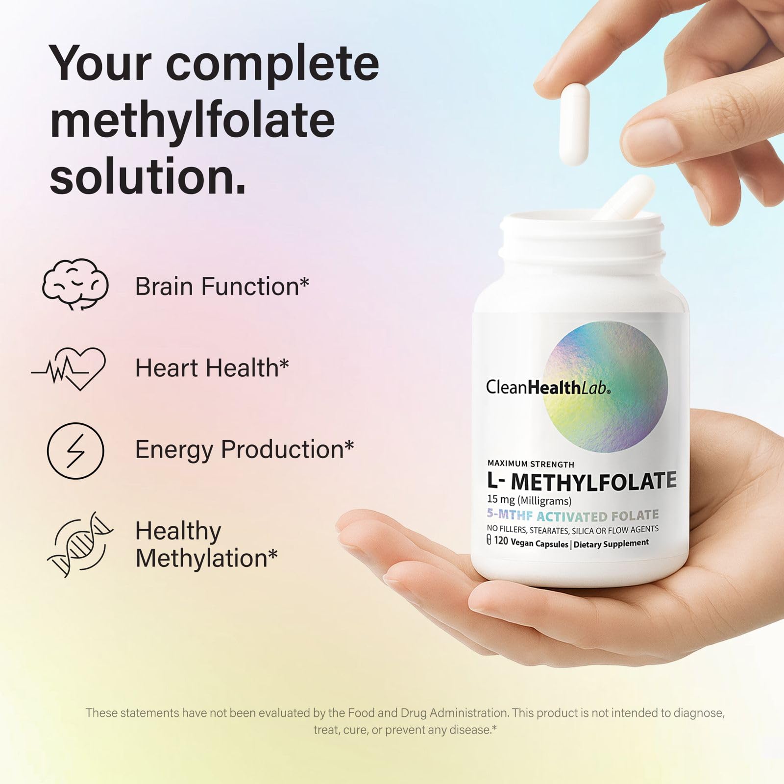 Clean Health Lab L-Methylfolate label shows pure, minimal ingredients