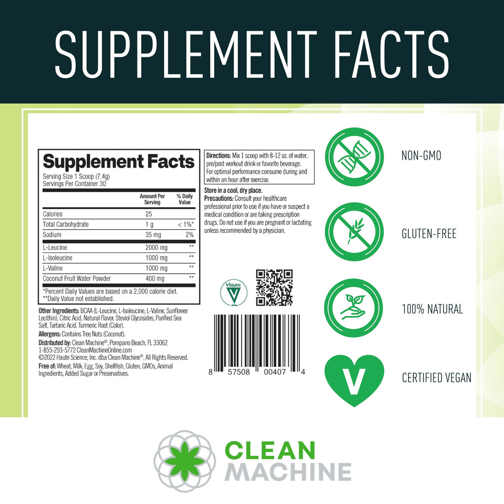 Clean Machine Vegan BCAA bottle shown for plant-based amino support.