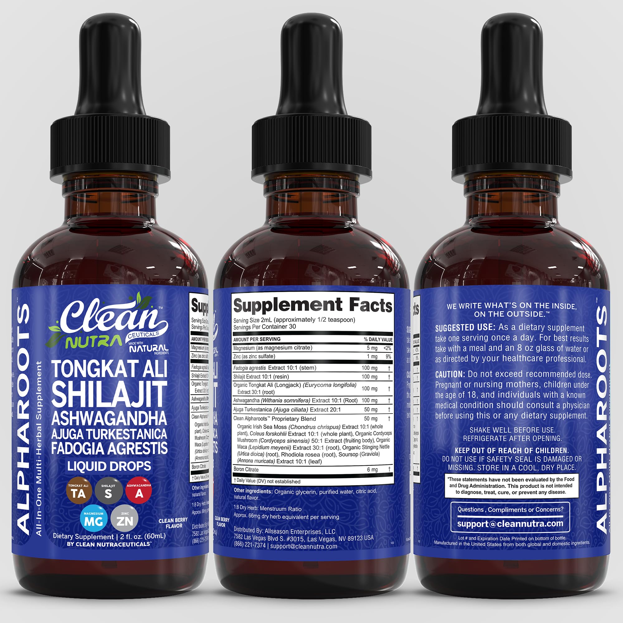 Clean Nutra All-in-One liquid drops bottle for daily wellness.