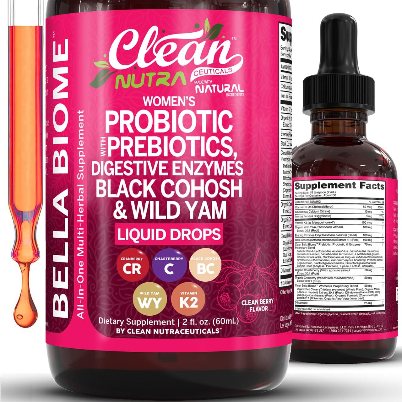 Clean Nutra Bella Biotics bottle front highlighting women's digestive balance