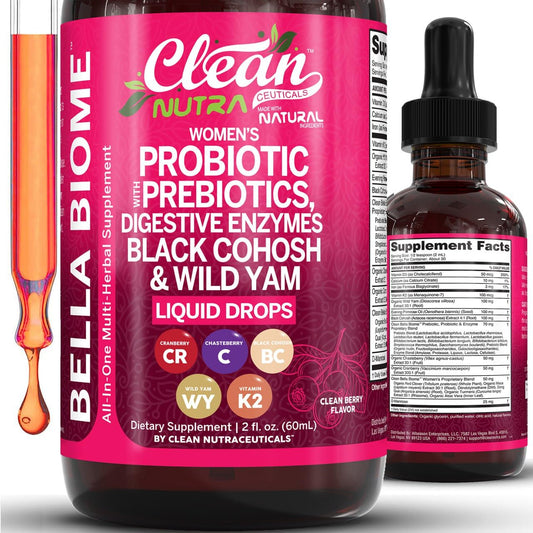 Clean Nutra Bella Biotics bottle front highlighting women's digestive balance