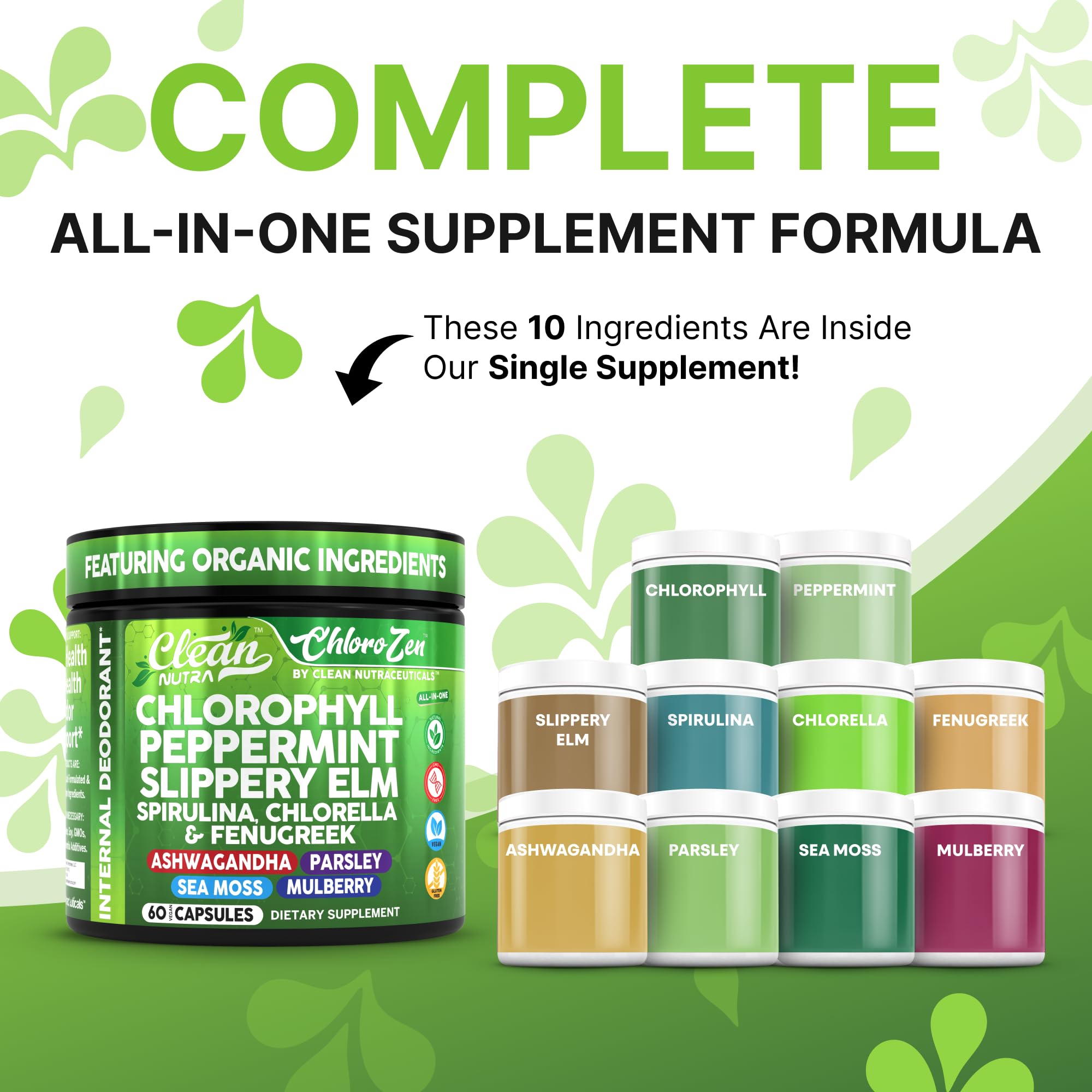 Clean Nutra Chlorophyll Capsules pour shows portable two-capsule serving for daily detox.