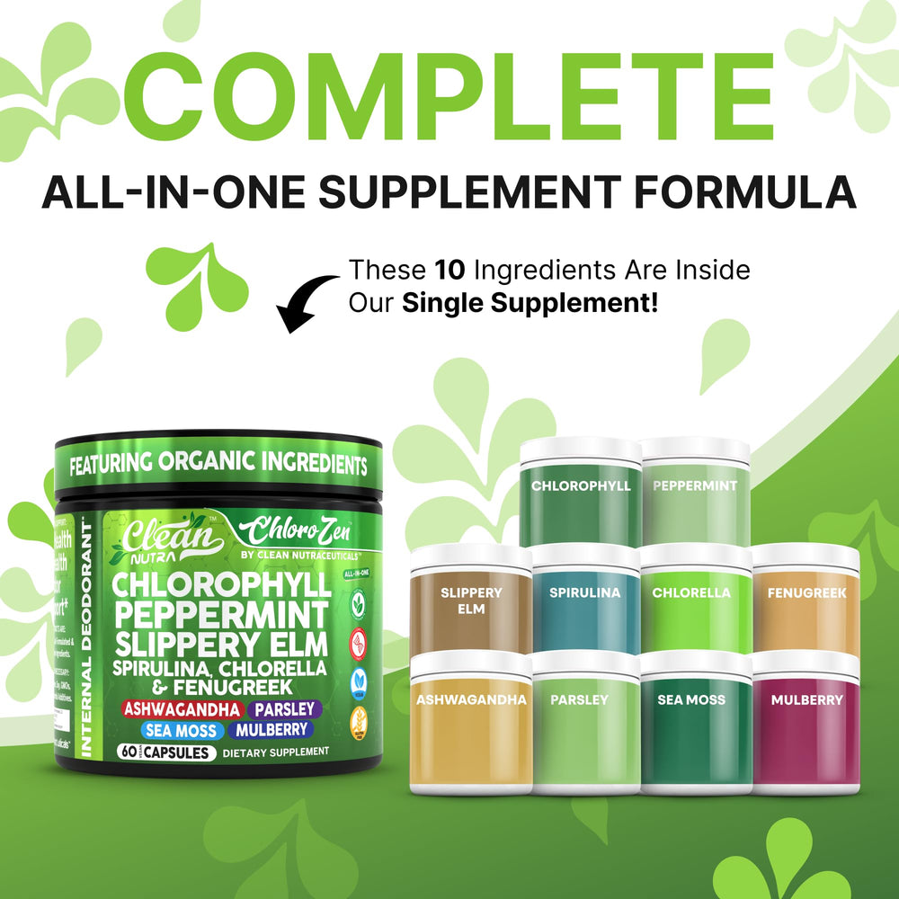 Clean Nutra Chlorophyll Capsules pour shows portable two-capsule serving for daily detox.