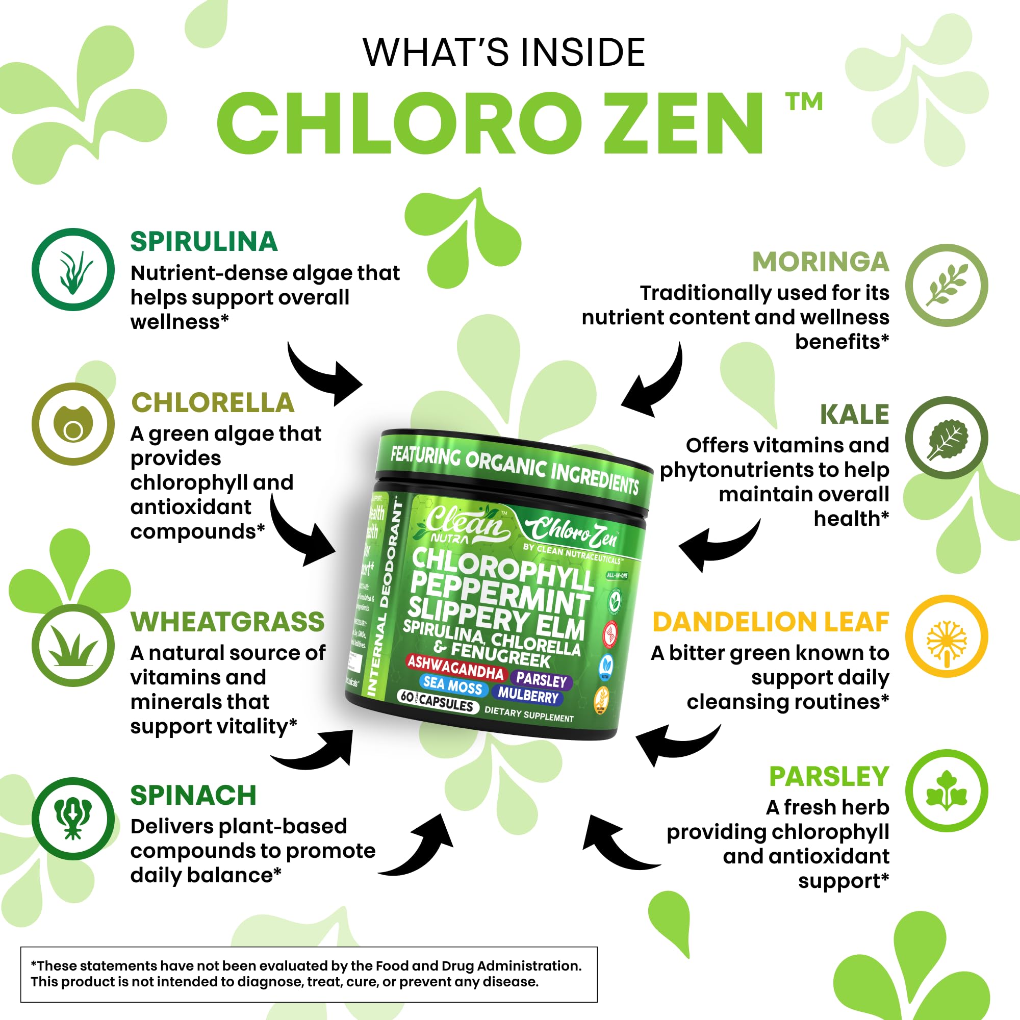 Clean Nutra ChloroZen digestive blend close-up featuring slippery elm and chlorella.
