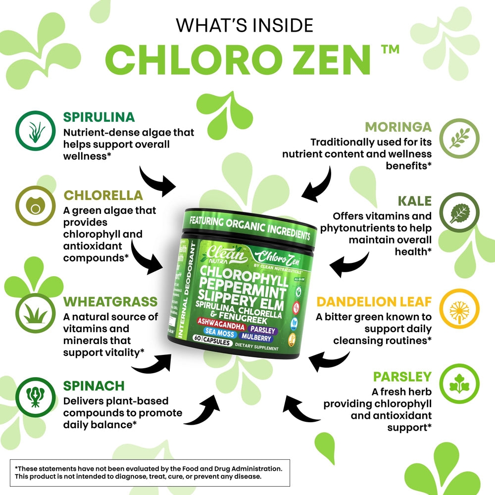 Clean Nutra ChloroZen digestive blend close-up featuring slippery elm and chlorella.