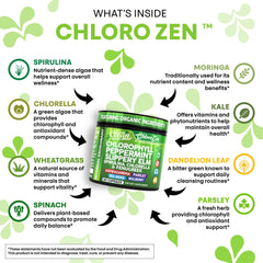 Clean Nutra ChloroZen digestive blend close-up featuring slippery elm and chlorella.