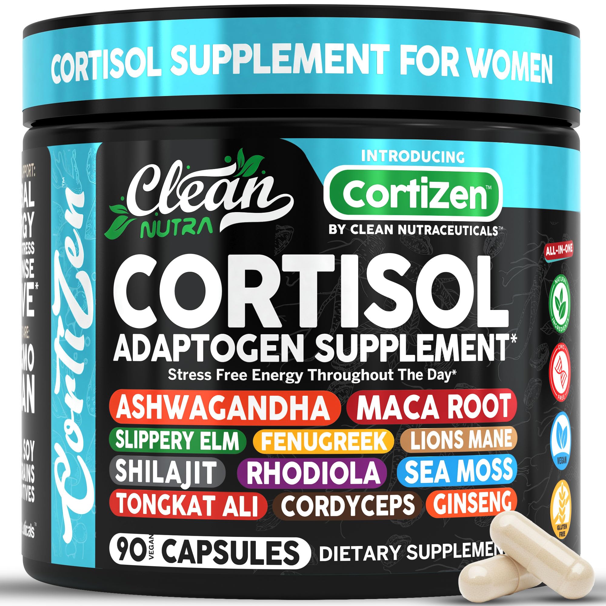 Clean Nutra Cortisol bottle closeup showing daily vitality support