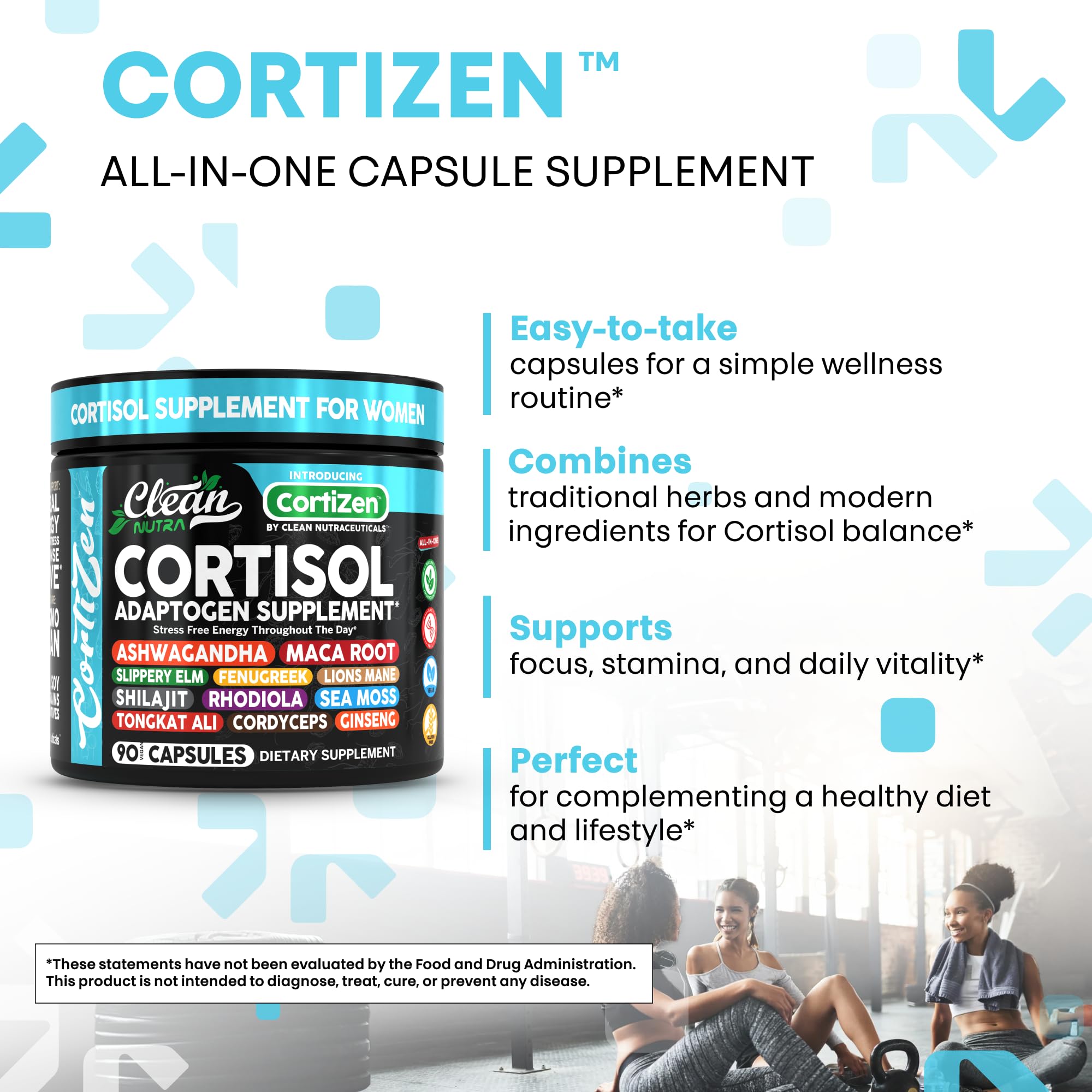 Clean Nutra Cortisol herbs mix jar featuring maca, ashwagandha, rhodiola