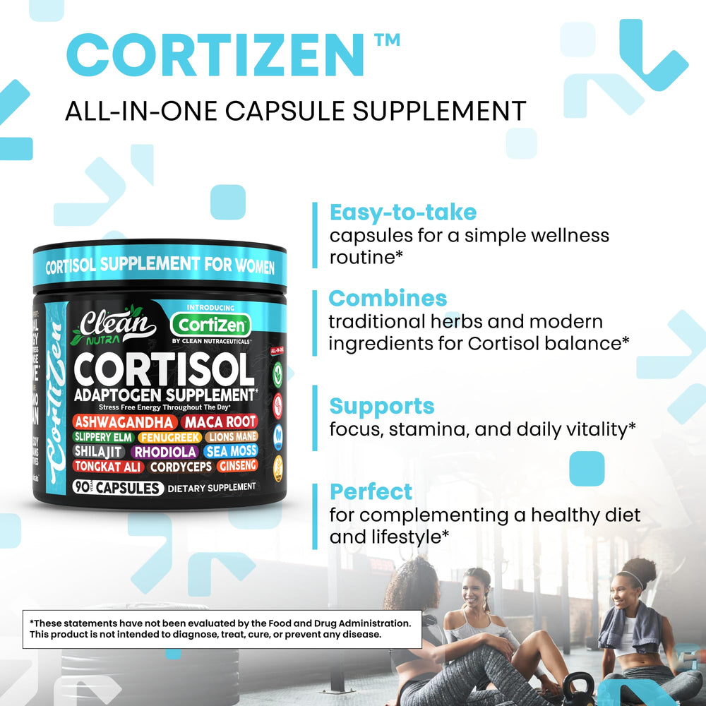 Clean Nutra Cortisol herbs mix jar featuring maca, ashwagandha, rhodiola