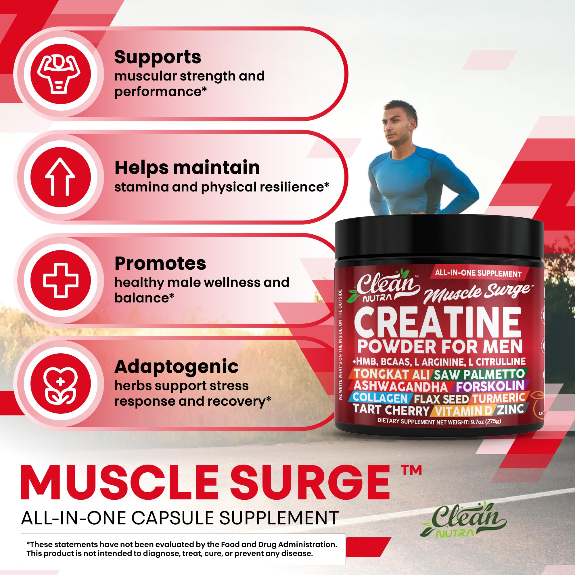 Label detail highlighting HMB, BCAA, and L-Arginine ingredients.