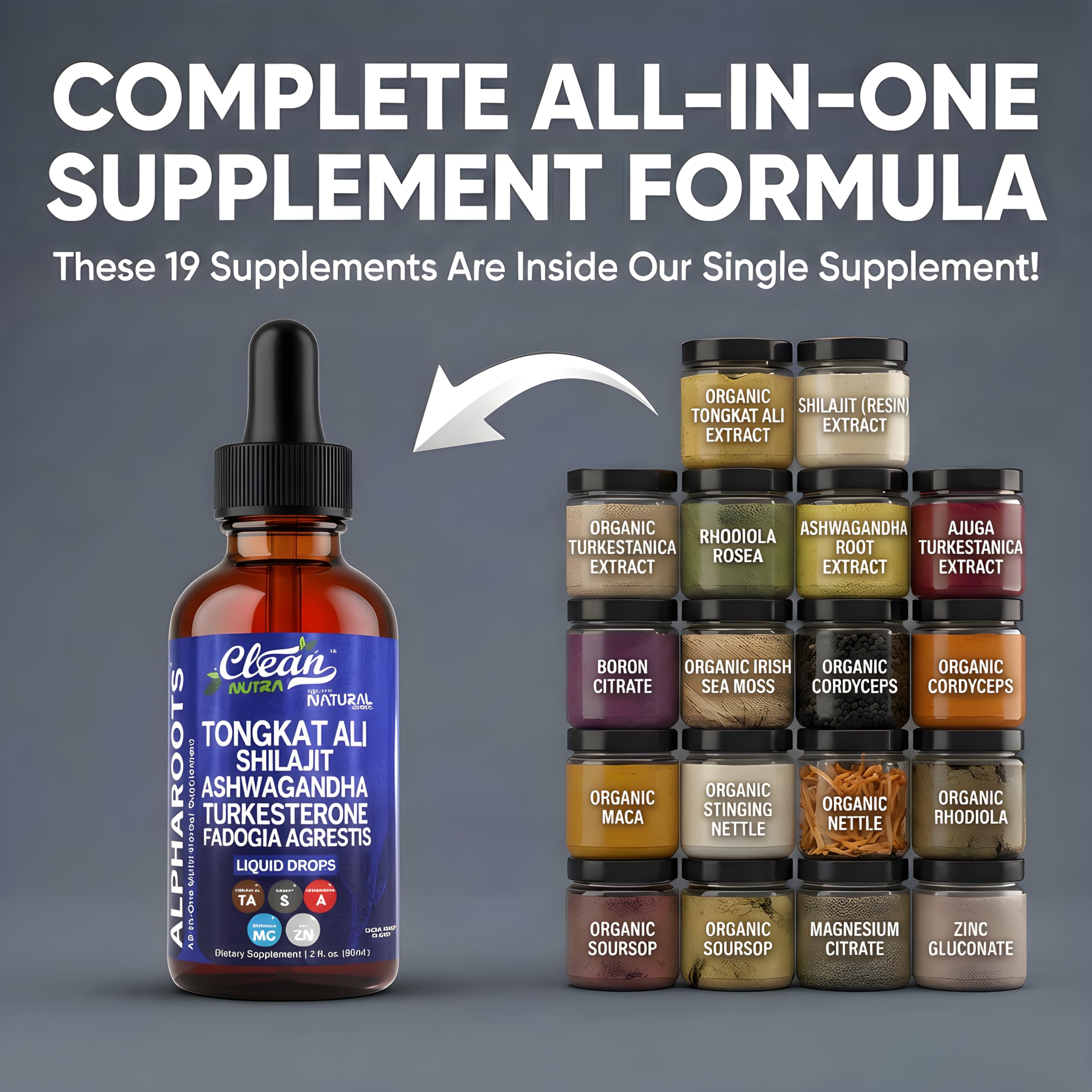 Clean Nutra Fadogia Agrestis liquid drops bottle for overall vitality.