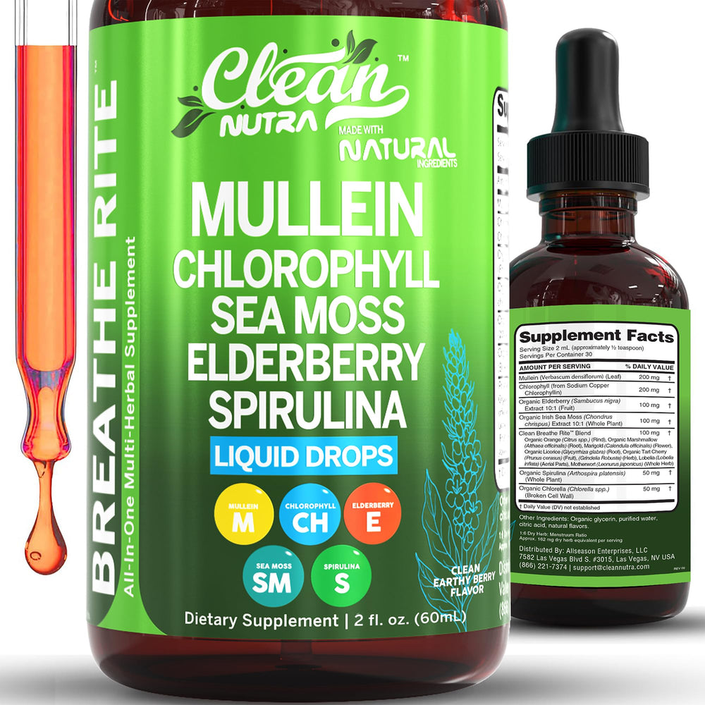 Clean Nutra Mullein Drops bottle for daily lung comfort and soothing herbal aroma