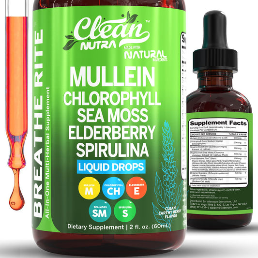 Clean Nutra Mullein Drops bottle for daily lung comfort and soothing herbal aroma