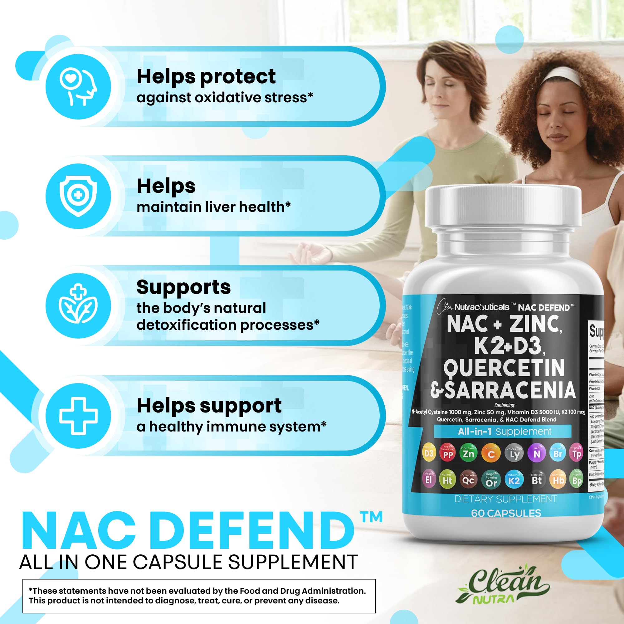 Clean Nutraceuticals NAC Defend dosage panel explains two capsules per serving