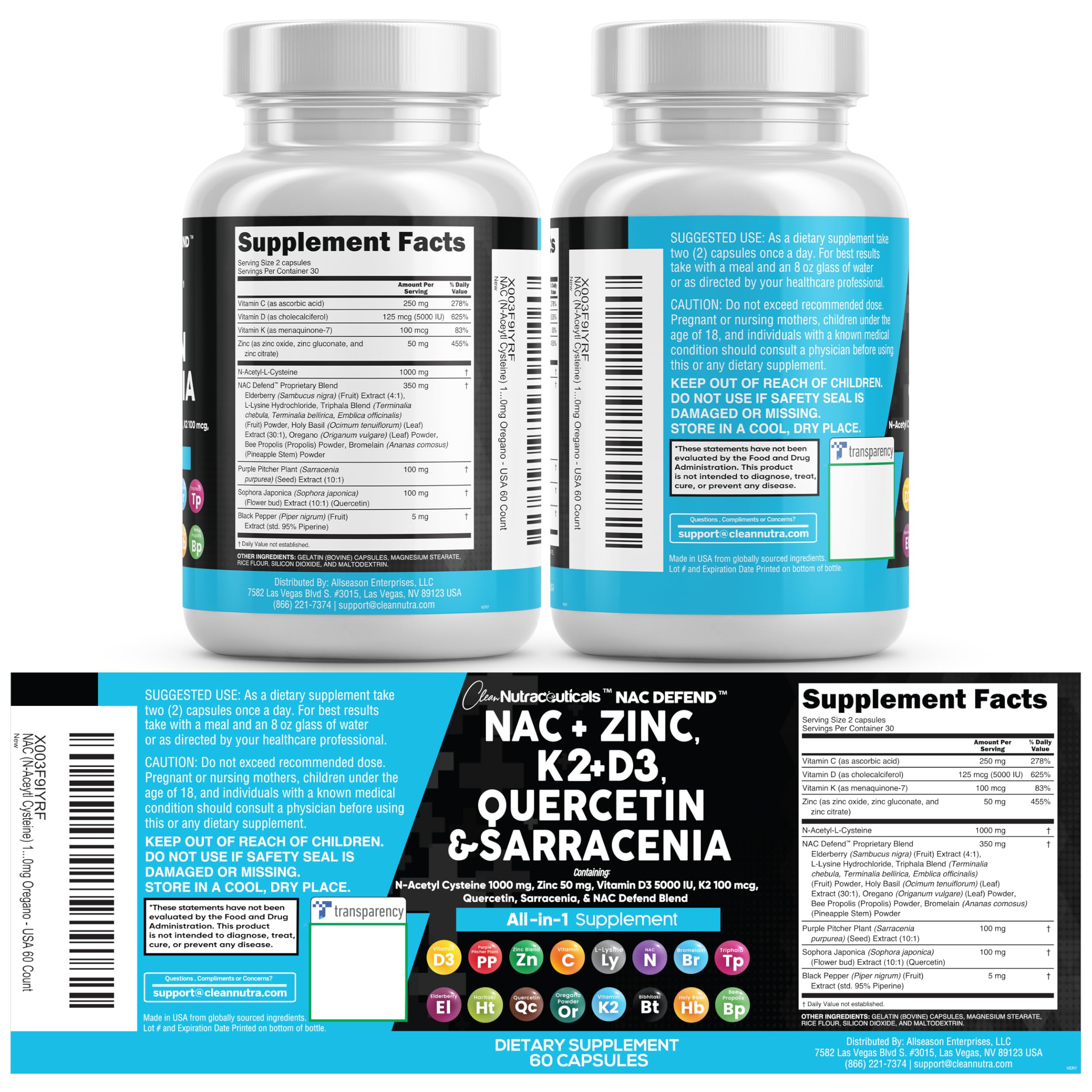 Clean Nutraceuticals NAC Defend label detail showcases D3, K2, and zinc highlights
