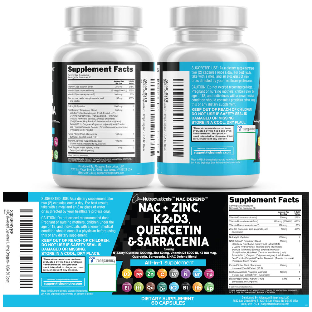Clean Nutraceuticals NAC Defend label detail showcases D3, K2, and zinc highlights