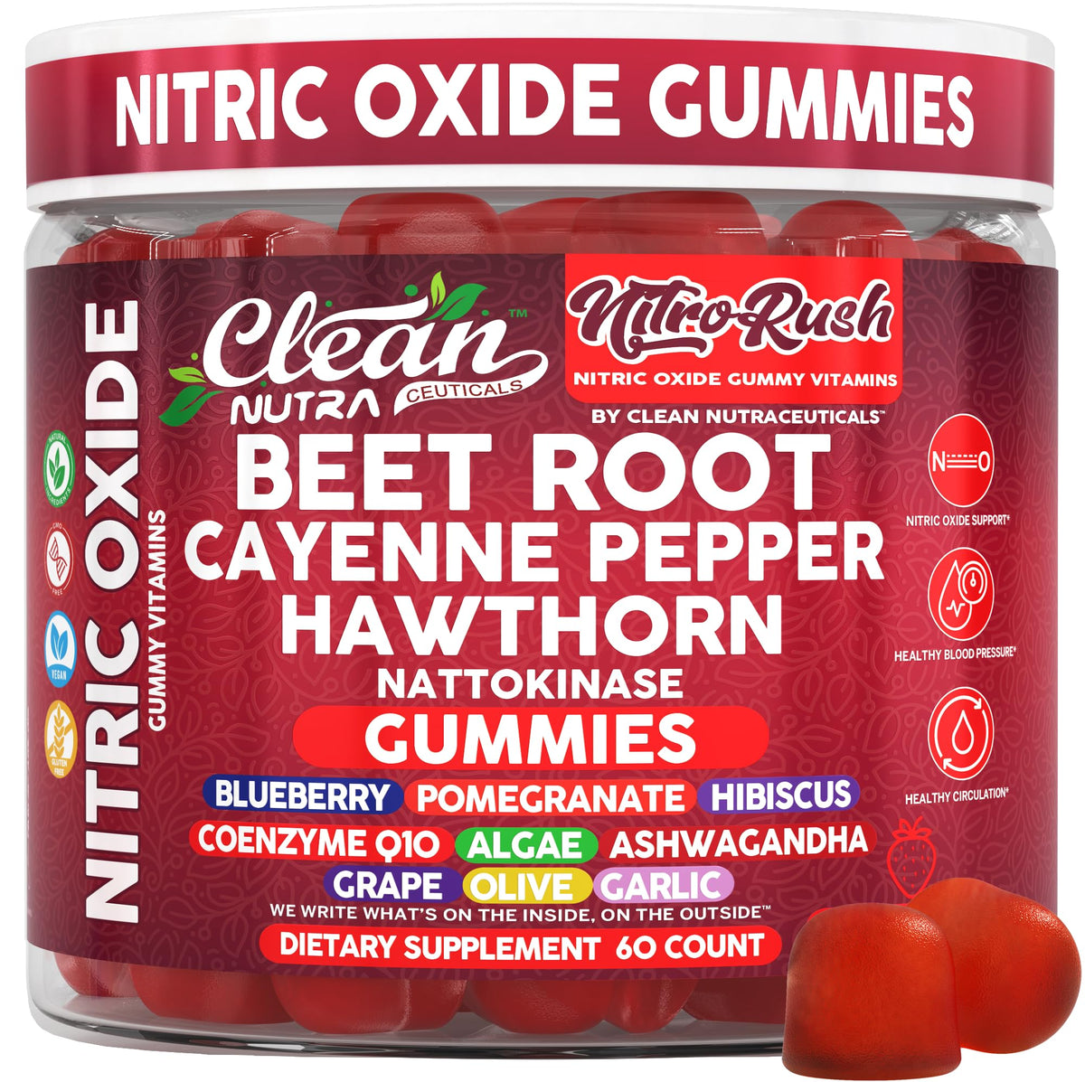 Clean Nutraceuticals Nitro Rush gummies close-up highlighting chewy texture for workout support.