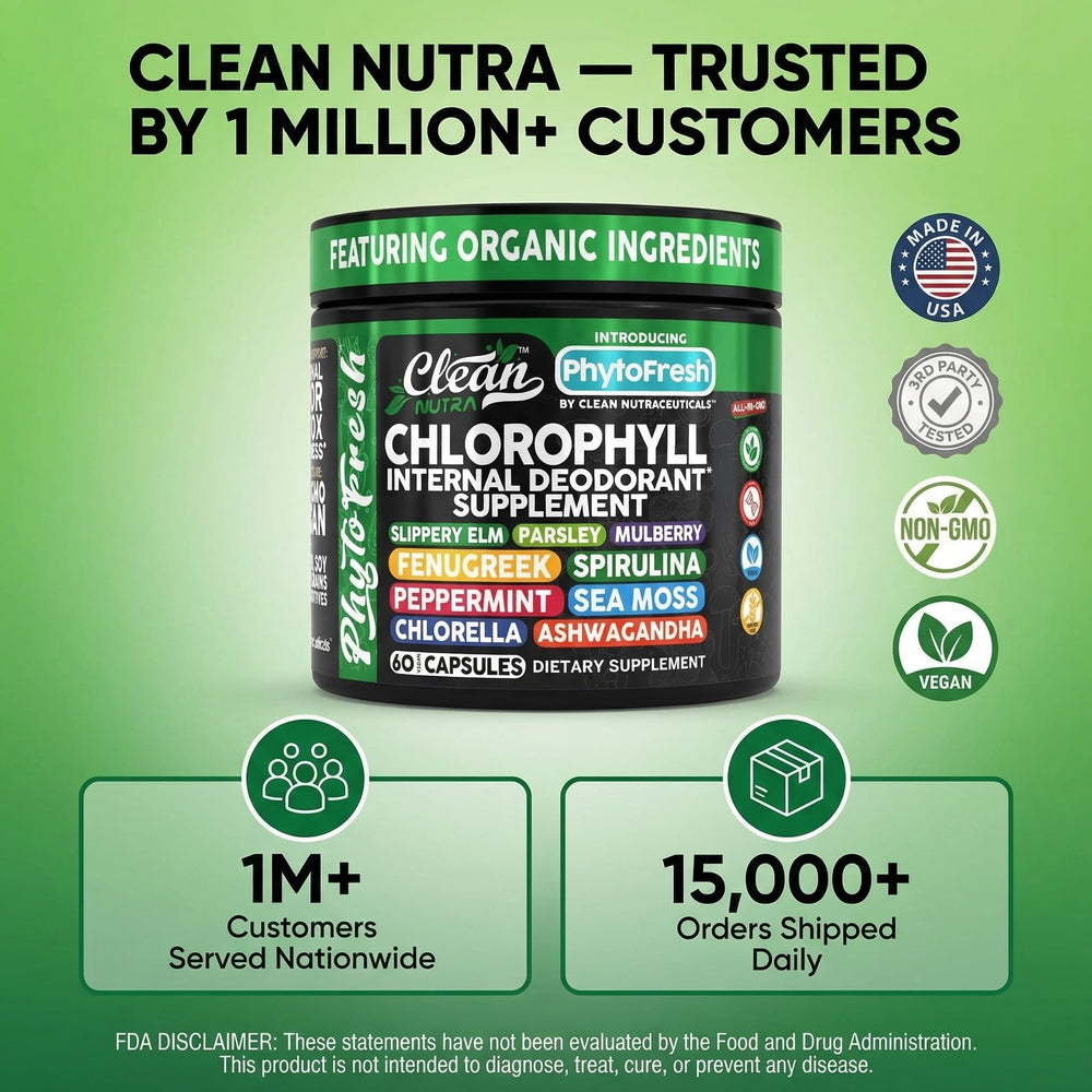 Clean Nutra PhytoFresh detox bottle label highlights fiber and plant nutrients