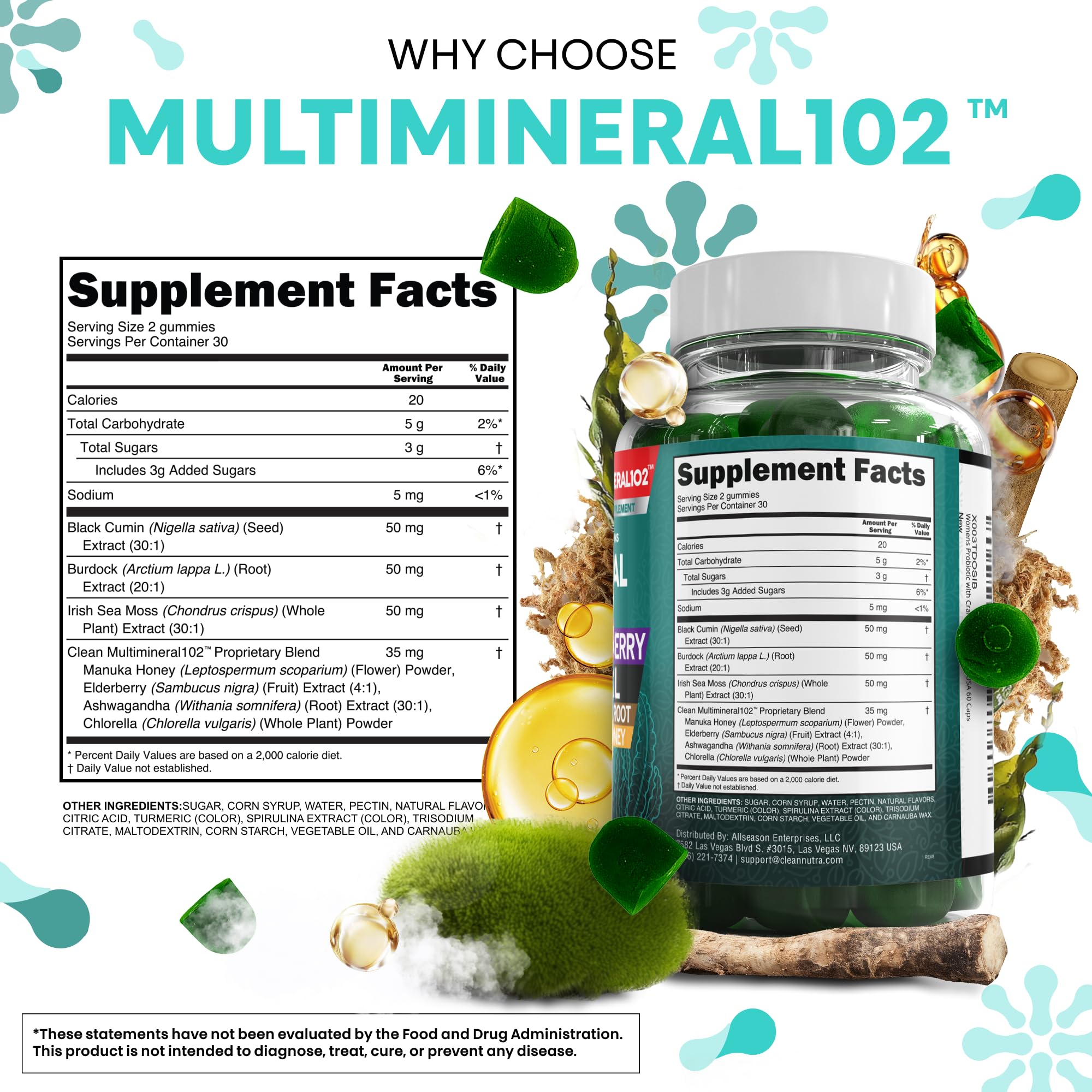 Clean Nutra Sea Moss Gummies label – green apple flavor hints at refreshing taste.