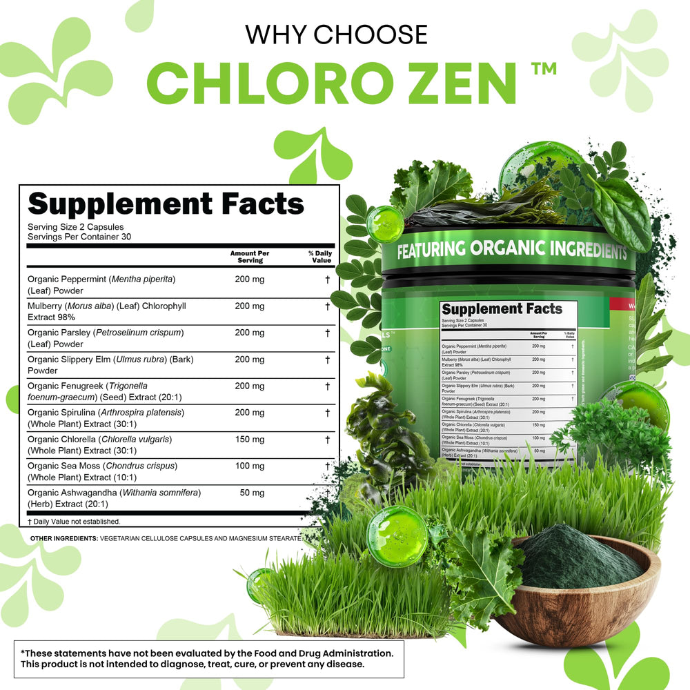 Clean Nutra Sea Moss Peppermint Capsules close-up emphasizes fresh breath and gut support.