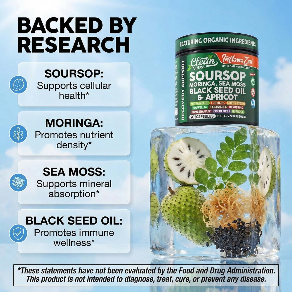 Clean Nutra Soursop greens blend highlights moringa and sea moss