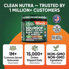 Clean Nutra Soursop packaging and serving ideas on kitchen counter