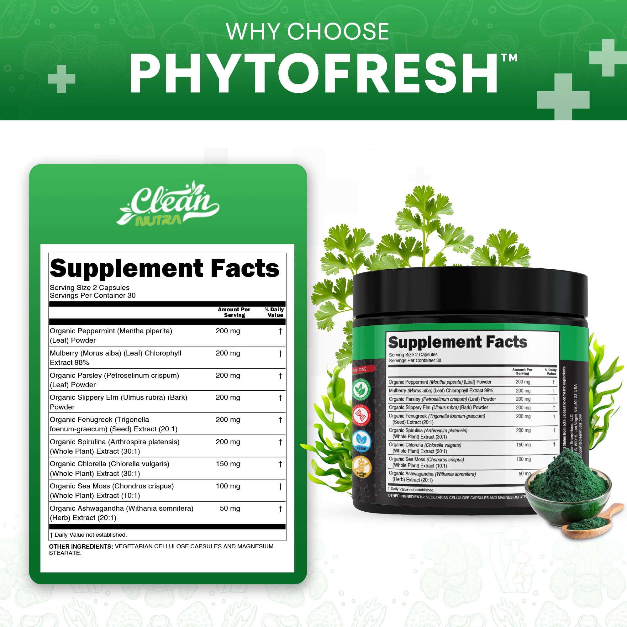 Clean Nutra Spirulina greens capsules pack emphasizes energy and focus