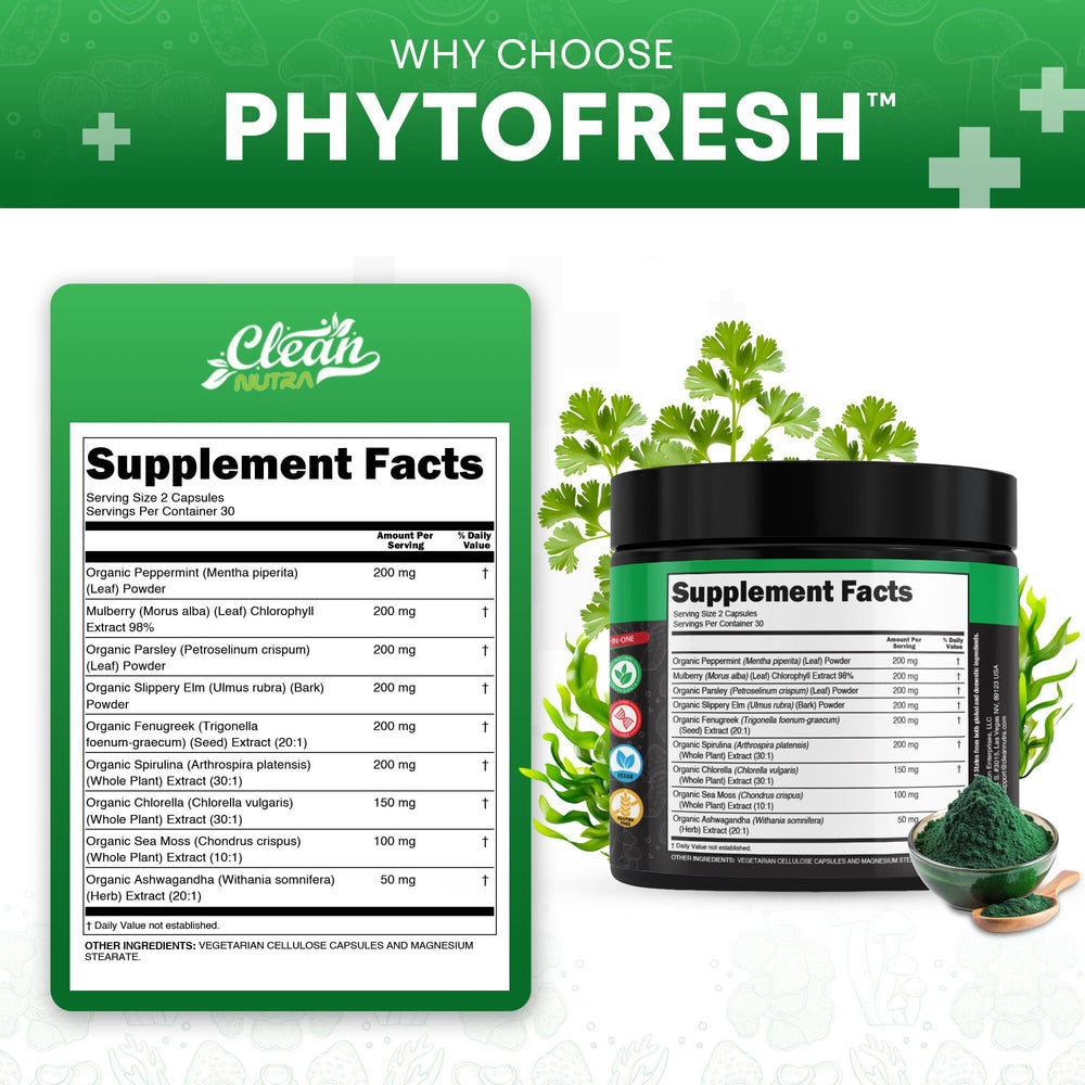 Clean Nutra Spirulina greens capsules pack emphasizes energy and focus