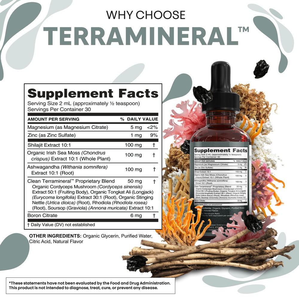 Ashwagandha herb featured with Terra Mineral Shilajit drops supports balance.