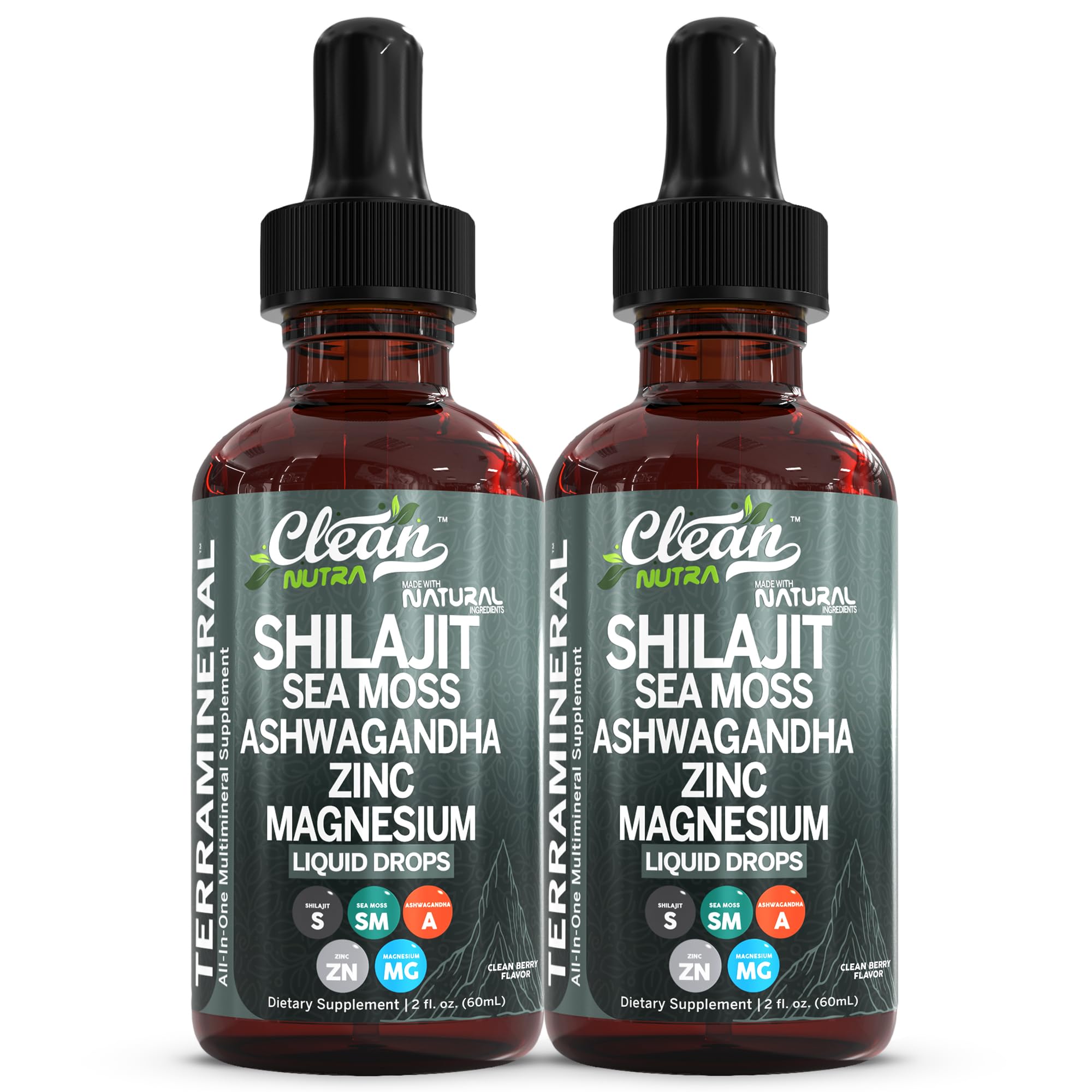 Clean Nutra Terra Mineral Shilajit drops bottle with sea moss for daily vitality.