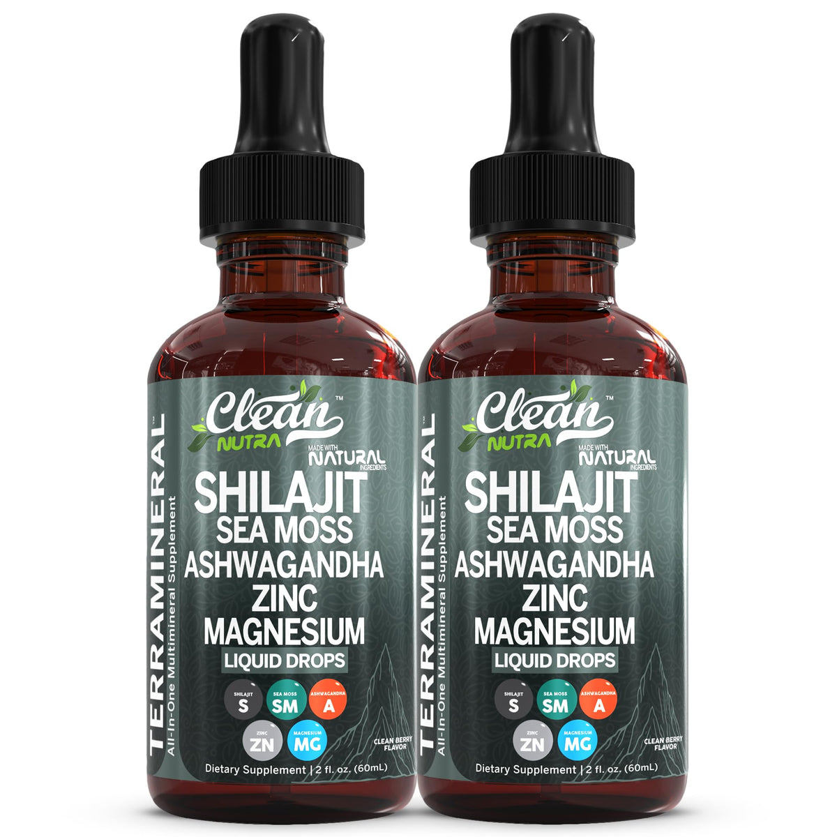 Clean Nutra Terra Mineral Shilajit drops bottle with sea moss for daily vitality.