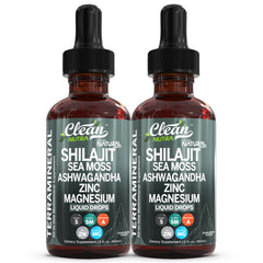 Clean Nutra Terra Mineral Shilajit drops bottle with sea moss for daily vitality.
