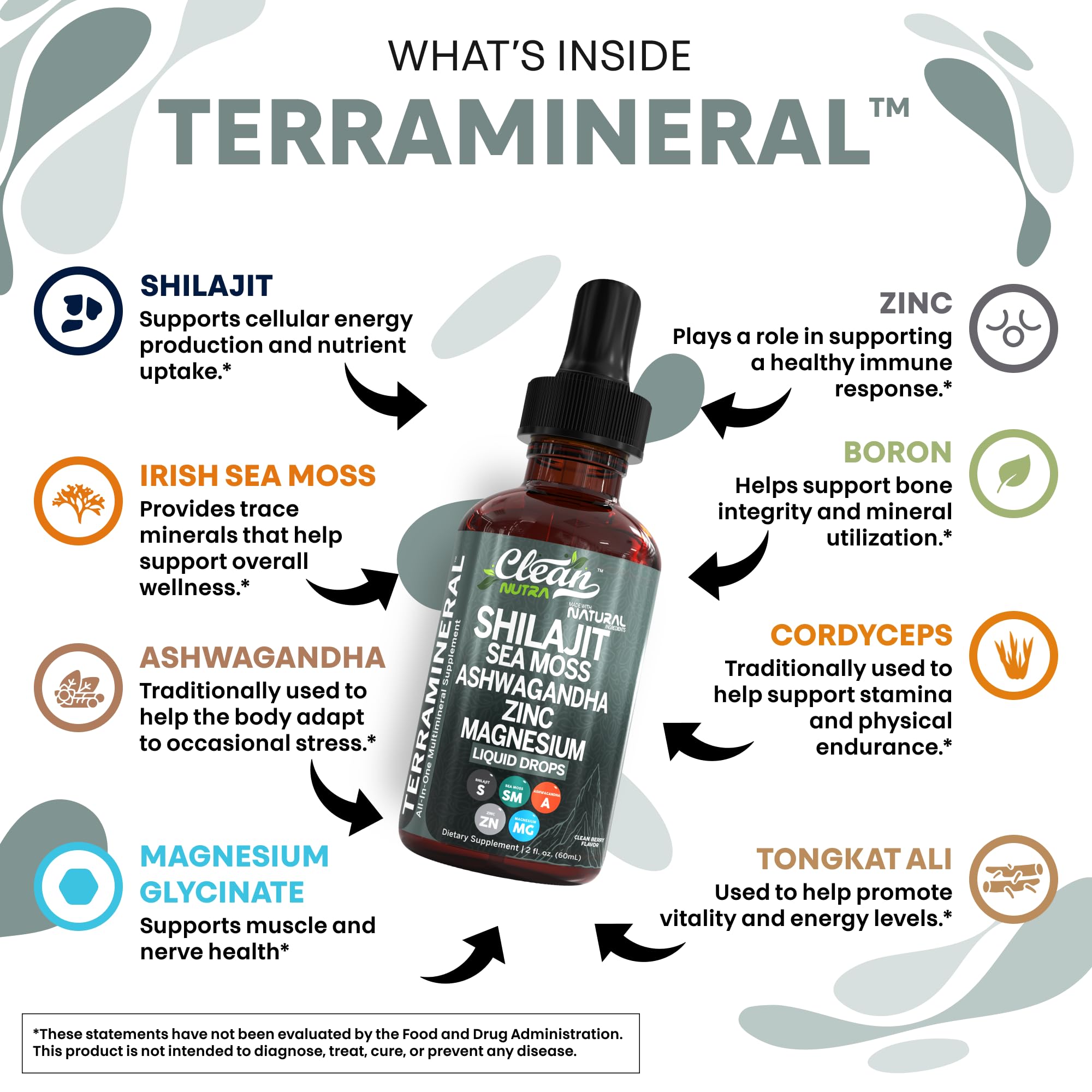 Sea moss-rich Terra Mineral Shilajit drops highlight mineral intake.