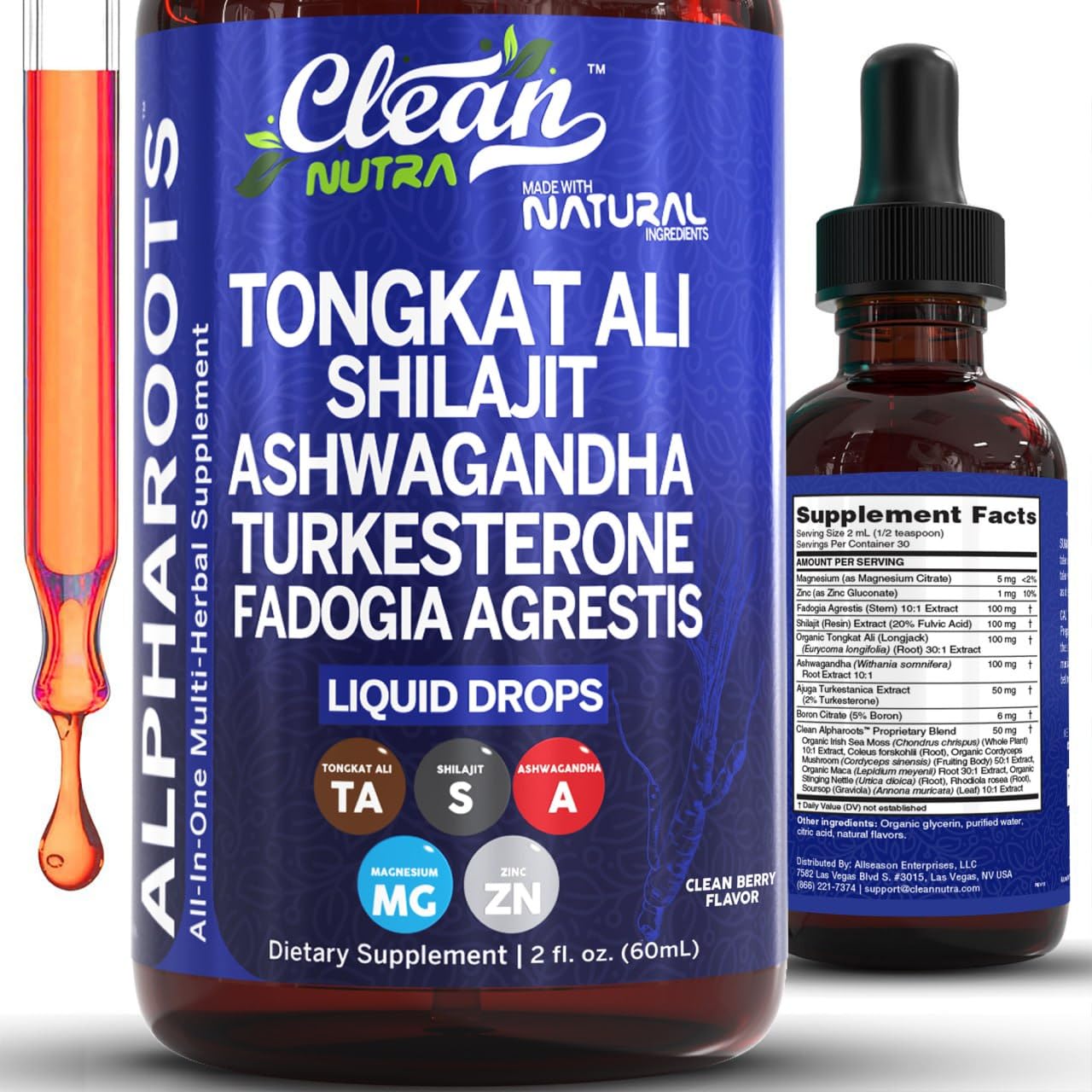 Clean Nutra Tongkat Ali liquid drops bottle boosts vitality and daily energy.