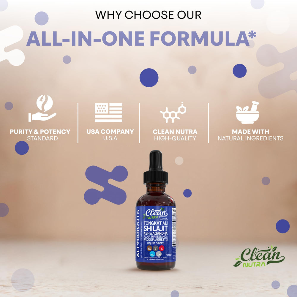 Clean Nutra Tongkat Ali nettle roots drops bottle supports gut and prostate health.